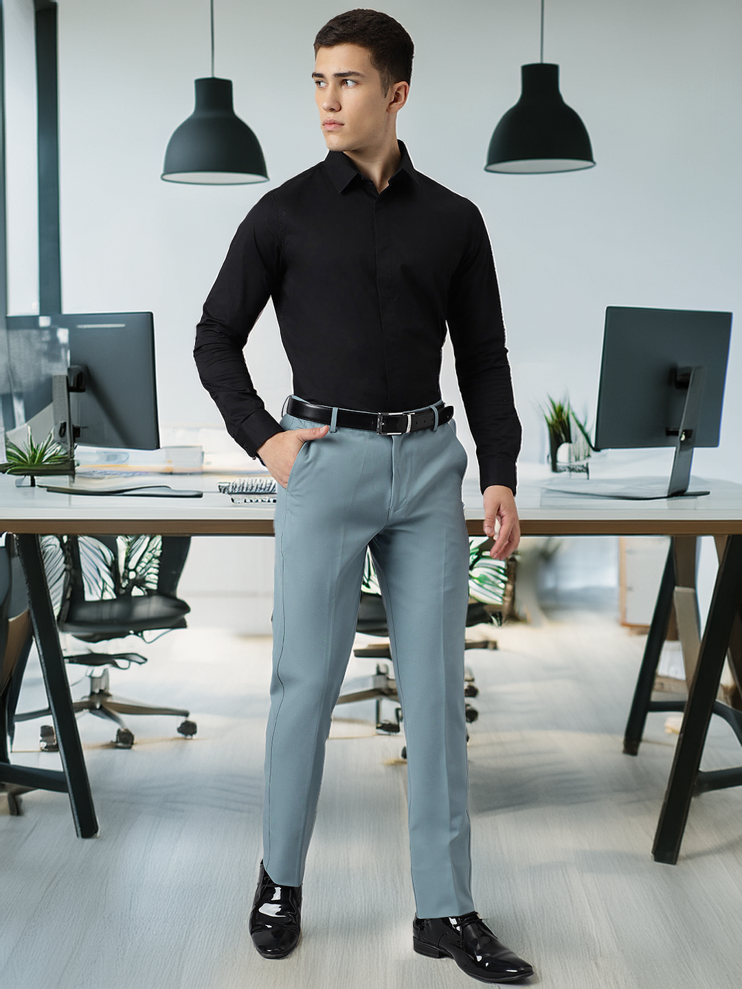 Flex Waist 4-Way Stretch Formal Trousers in Powder Blue- Slim Fit