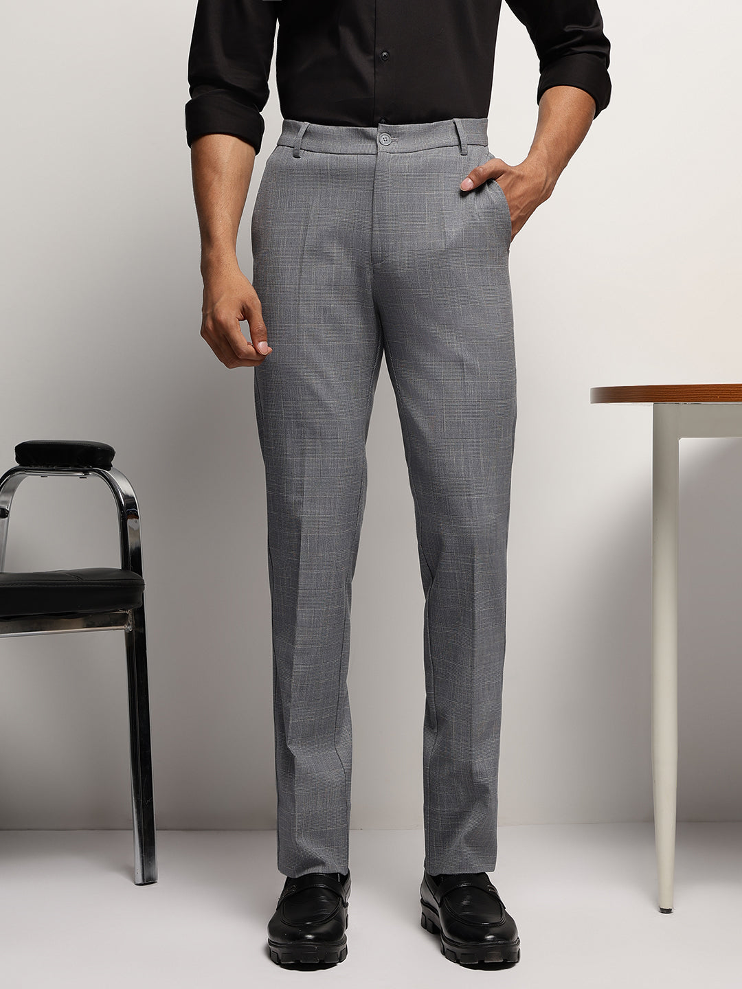 Flex Waist 4-Way Stretch Checked Formal Trousers in Ash Grey - Slim Fit