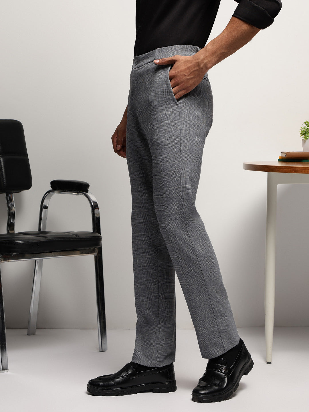 Flex Waist 4-Way Stretch Checked Formal Trousers in Ash Grey - Slim Fit