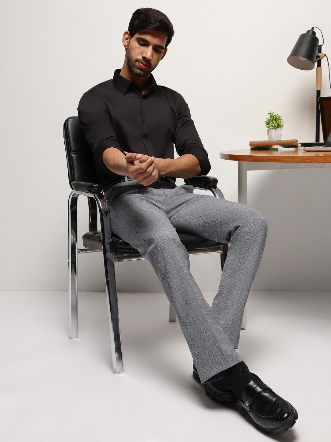 Flex Waist 4-Way Stretch Checked Formal Trousers in Ash Grey - Slim Fit