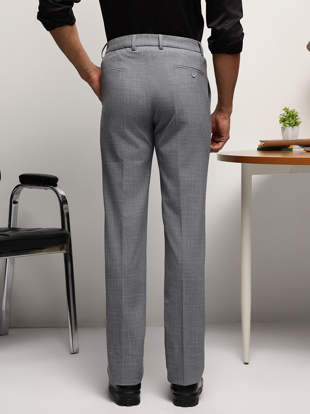Flex Waist 4-Way Stretch Checked Formal Trousers in Ash Grey - Slim Fit