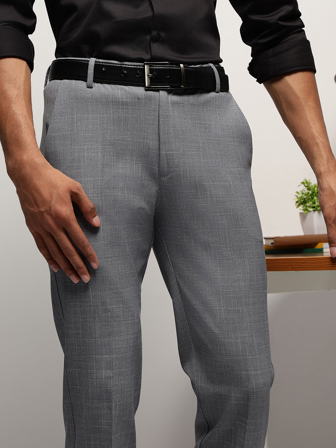 Flex Waist 4-Way Stretch Checked Formal Trousers in Ash Grey - Slim Fit