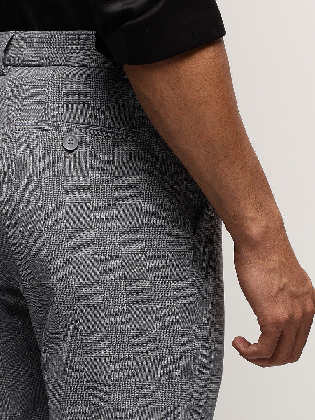 Flex Waist 4-Way Stretch Checked Formal Trousers in Ash Grey - Slim Fit