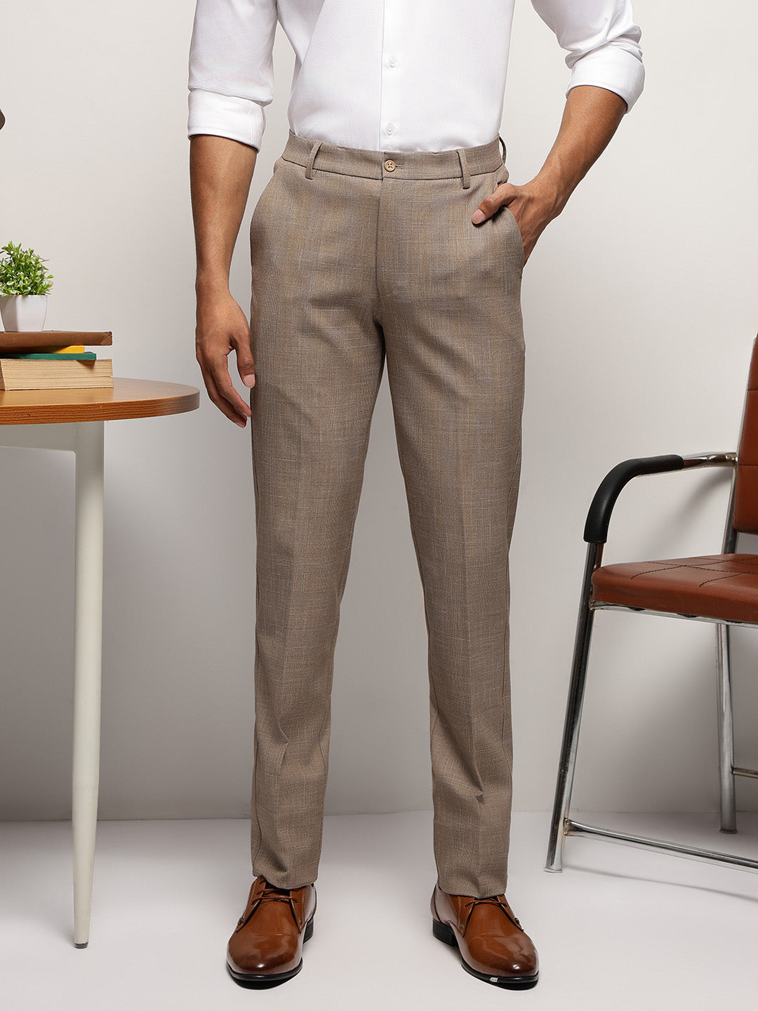 Flex Waist 4-Way Stretch Checked Formal Trousers in Beige - Slim Fit