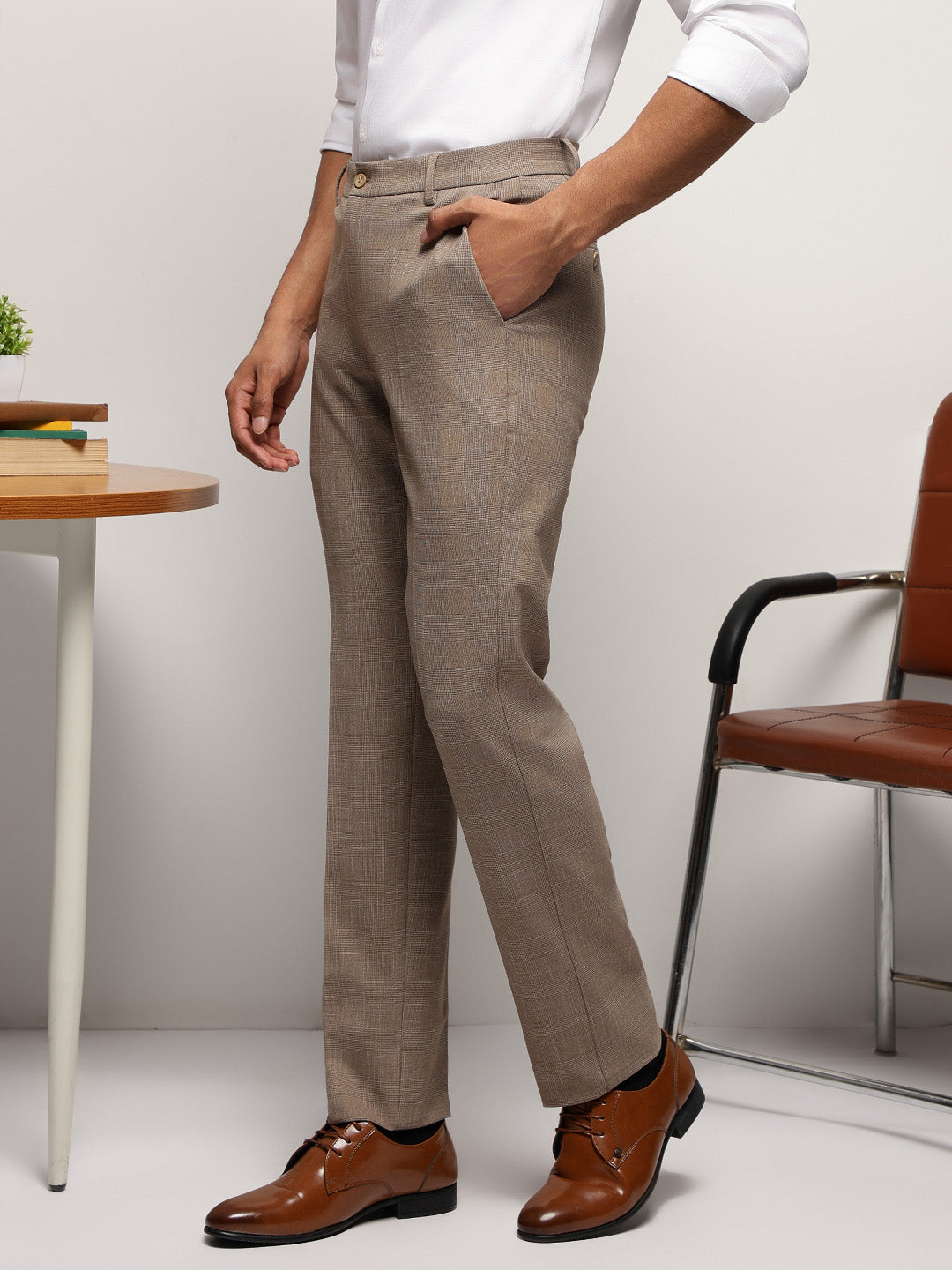 Flex Waist 4-Way Stretch Checked Formal Trousers in Beige - Slim Fit