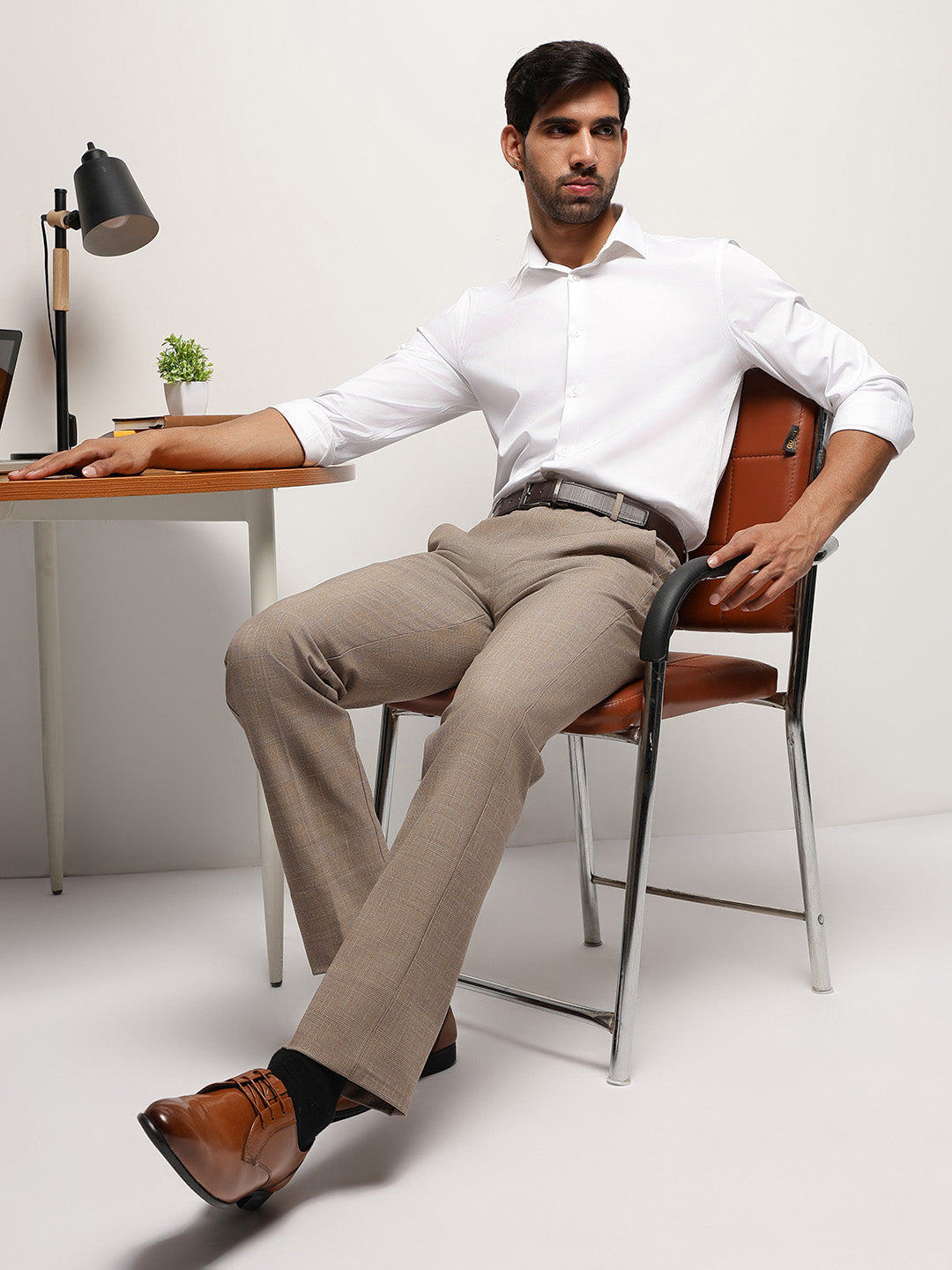 Flex Waist 4-Way Stretch Checked Formal Trousers in Beige - Slim Fit