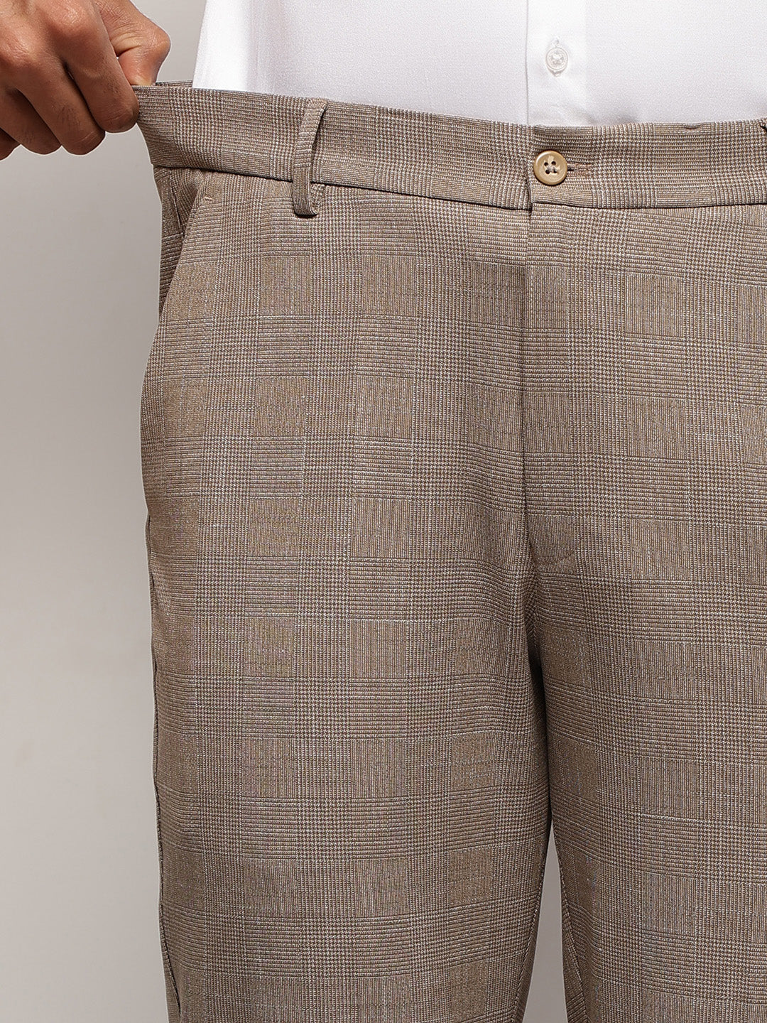 Flex Waist 4-Way Stretch Checked Formal Trousers in Beige - Slim Fit
