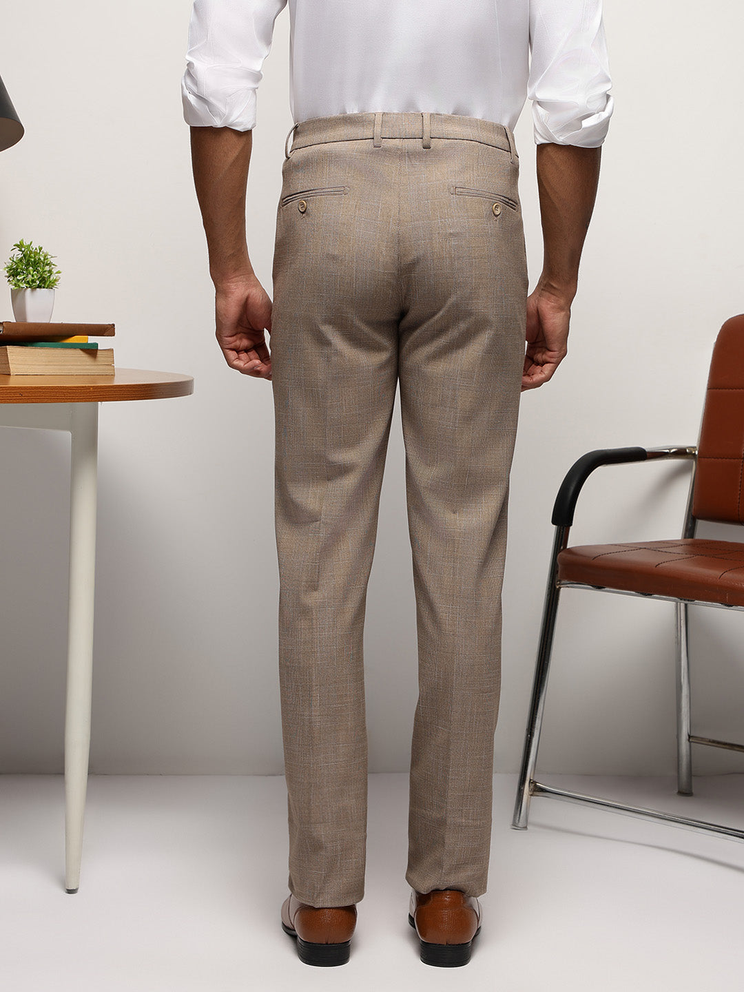 Flex Waist 4-Way Stretch Checked Formal Trousers in Beige - Slim Fit