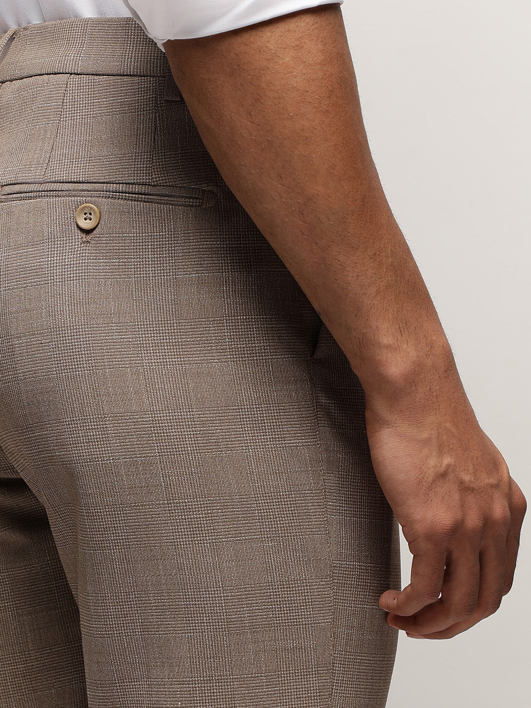 Flex Waist 4-Way Stretch Checked Formal Trousers in Beige - Slim Fit