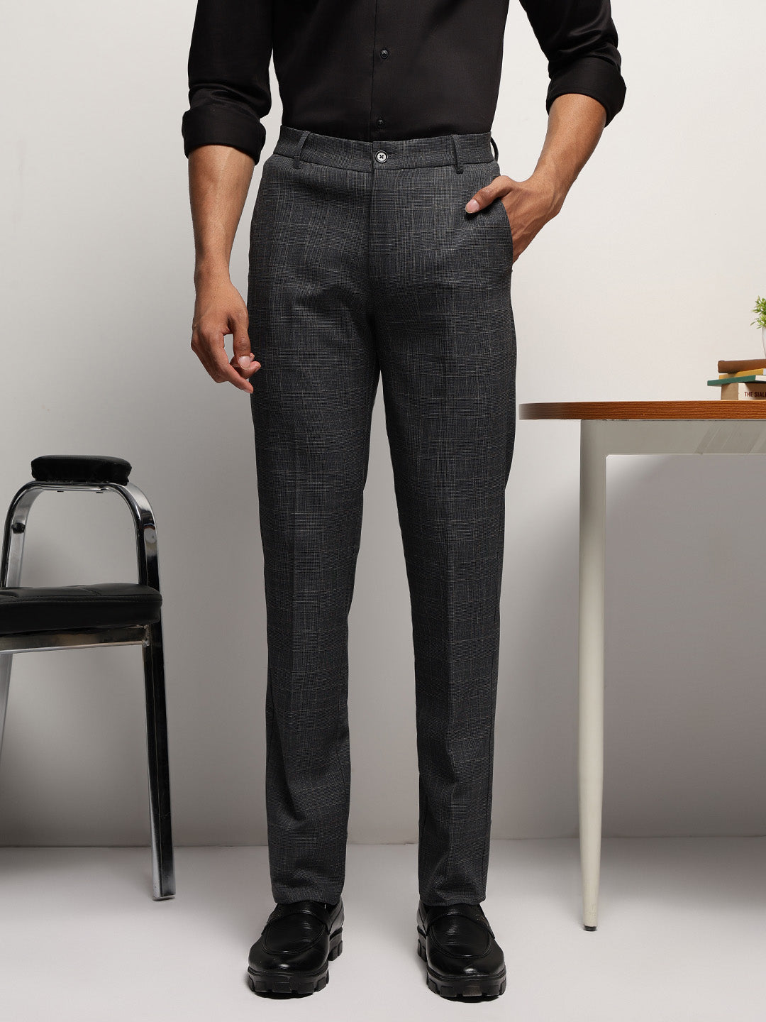 Flex Waist 4-Way Stretch Checked Formal Trousers in Charcoal Blue - Slim Fit
