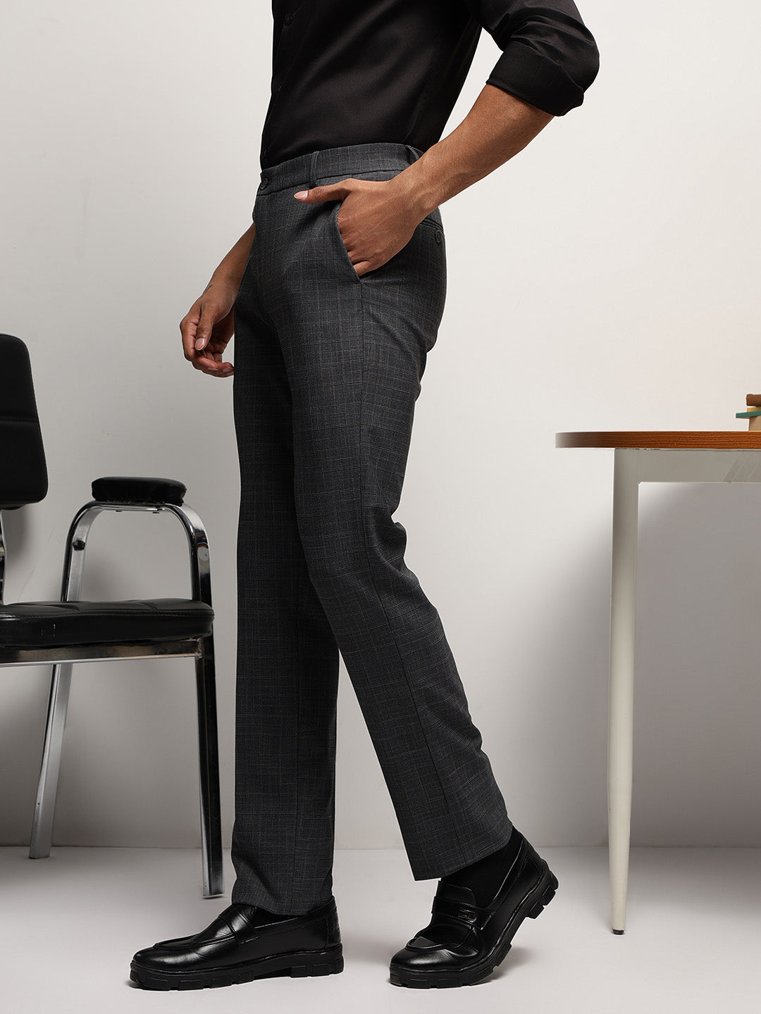 Flex Waist 4-Way Stretch Checked Formal Trousers in Charcoal Blue - Slim Fit