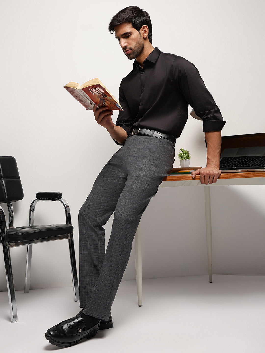 Flex Waist 4-Way Stretch Checked Formal Trousers in Charcoal Blue - Slim Fit