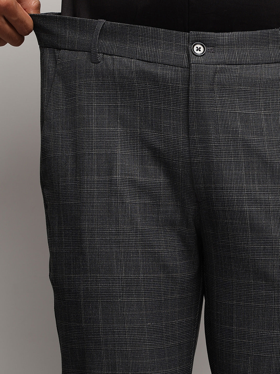 Flex Waist 4-Way Stretch Checked Formal Trousers in Charcoal Blue - Slim Fit