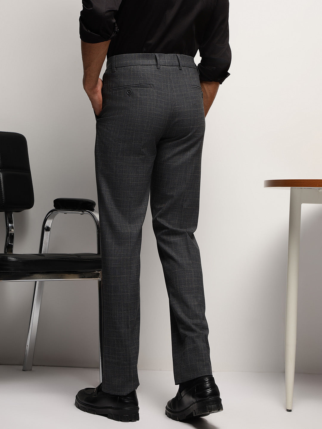 Flex Waist 4-Way Stretch Checked Formal Trousers in Charcoal Blue - Slim Fit