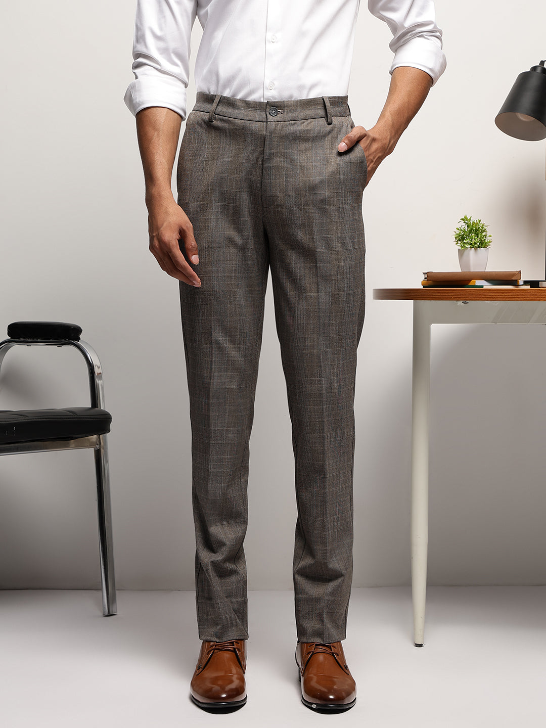 Flex Waist 4-Way Stretch Checked Formal Trousers in Light Brown - Slim Fit