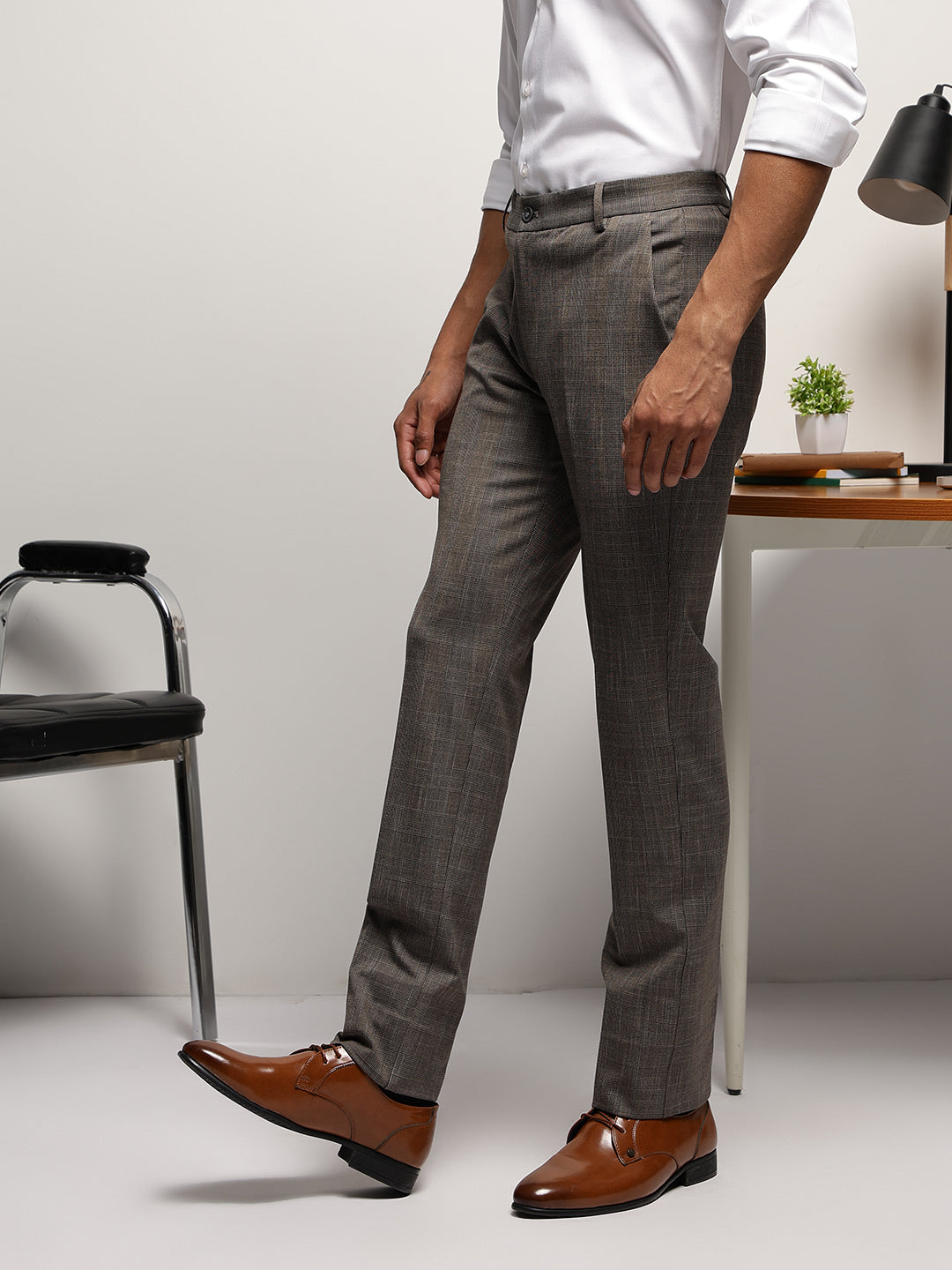 Flex Waist 4-Way Stretch Checked Formal Trousers in Light Brown - Slim Fit