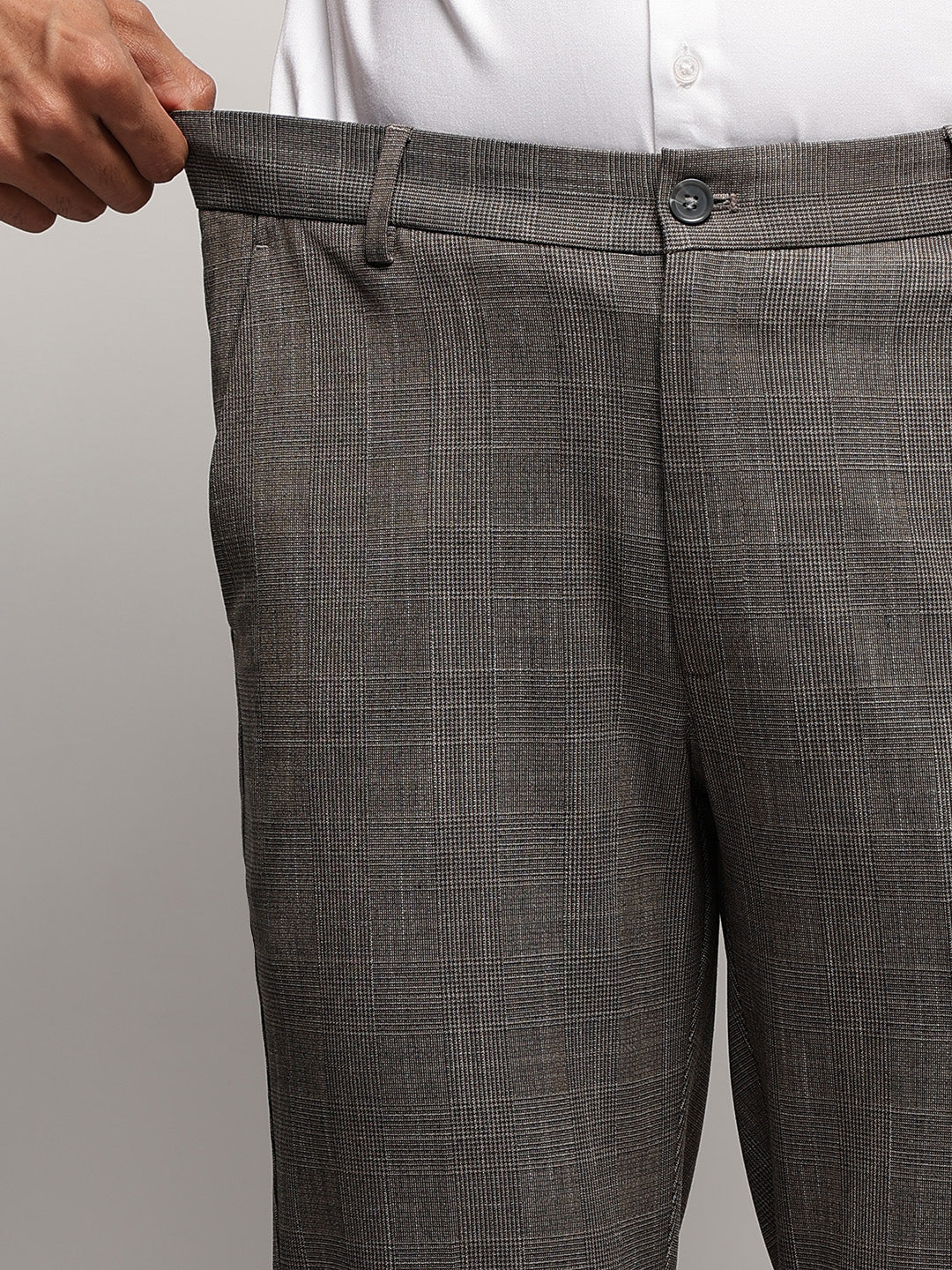 Flex Waist 4-Way Stretch Checked Formal Trousers in Light Brown - Slim Fit