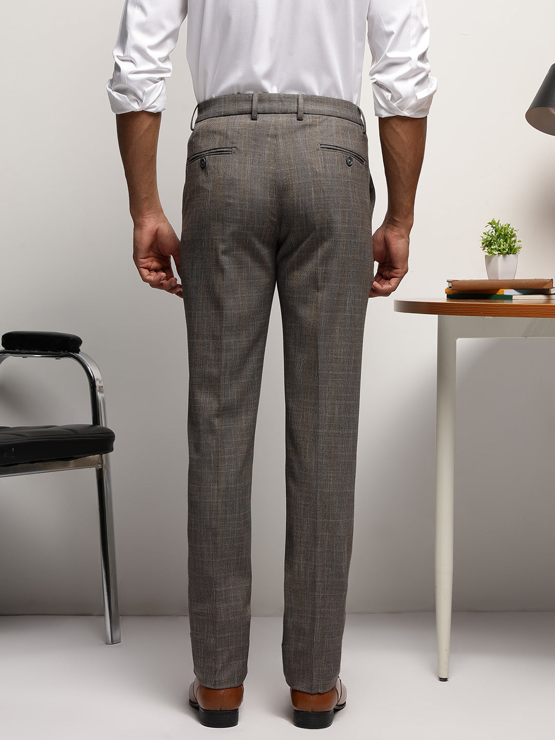 Flex Waist 4-Way Stretch Checked Formal Trousers in Light Brown - Slim Fit