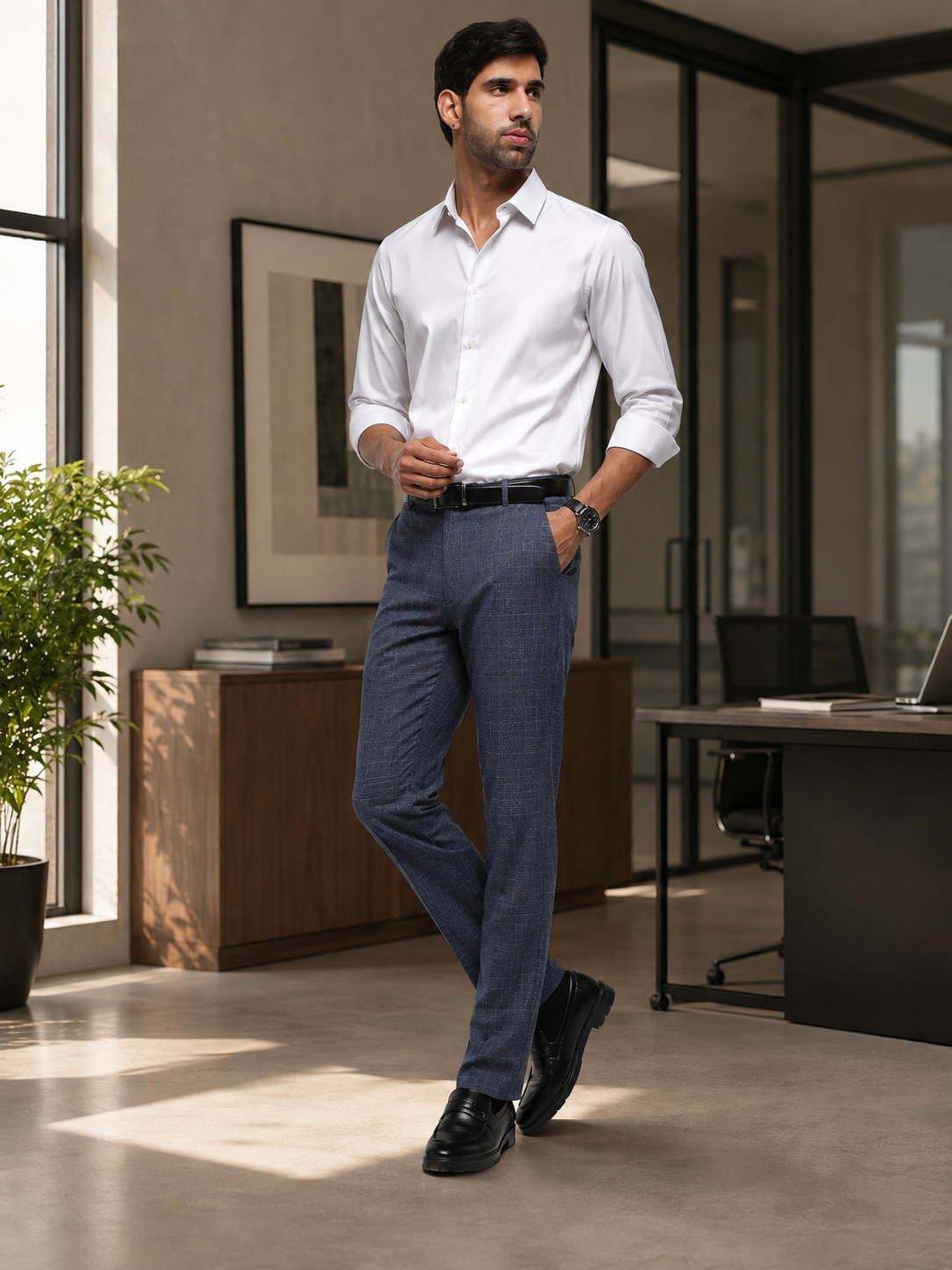 MoveLite™ Checked Trousers in Steel Blue