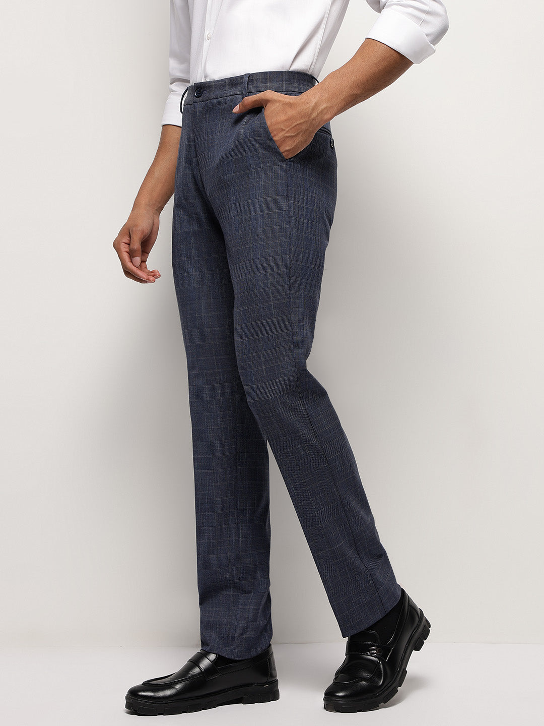 Flex Waist 4-Way Stretch Checked Formal Trousers in Steel Blue - Slim Fit