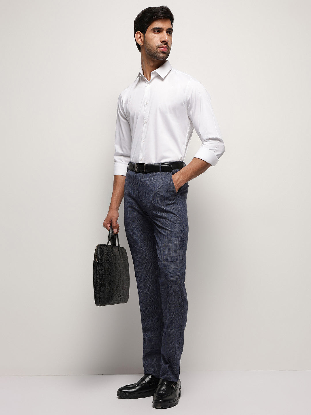 Flex Waist 4-Way Stretch Checked Formal Trousers in Steel Blue - Slim Fit