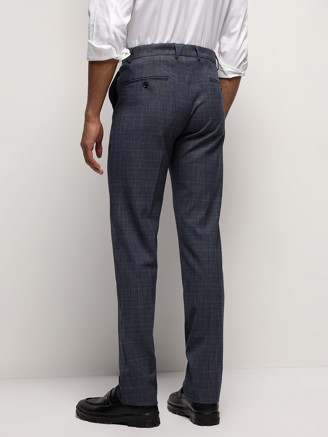 Flex Waist 4-Way Stretch Checked Formal Trousers in Steel Blue - Slim Fit