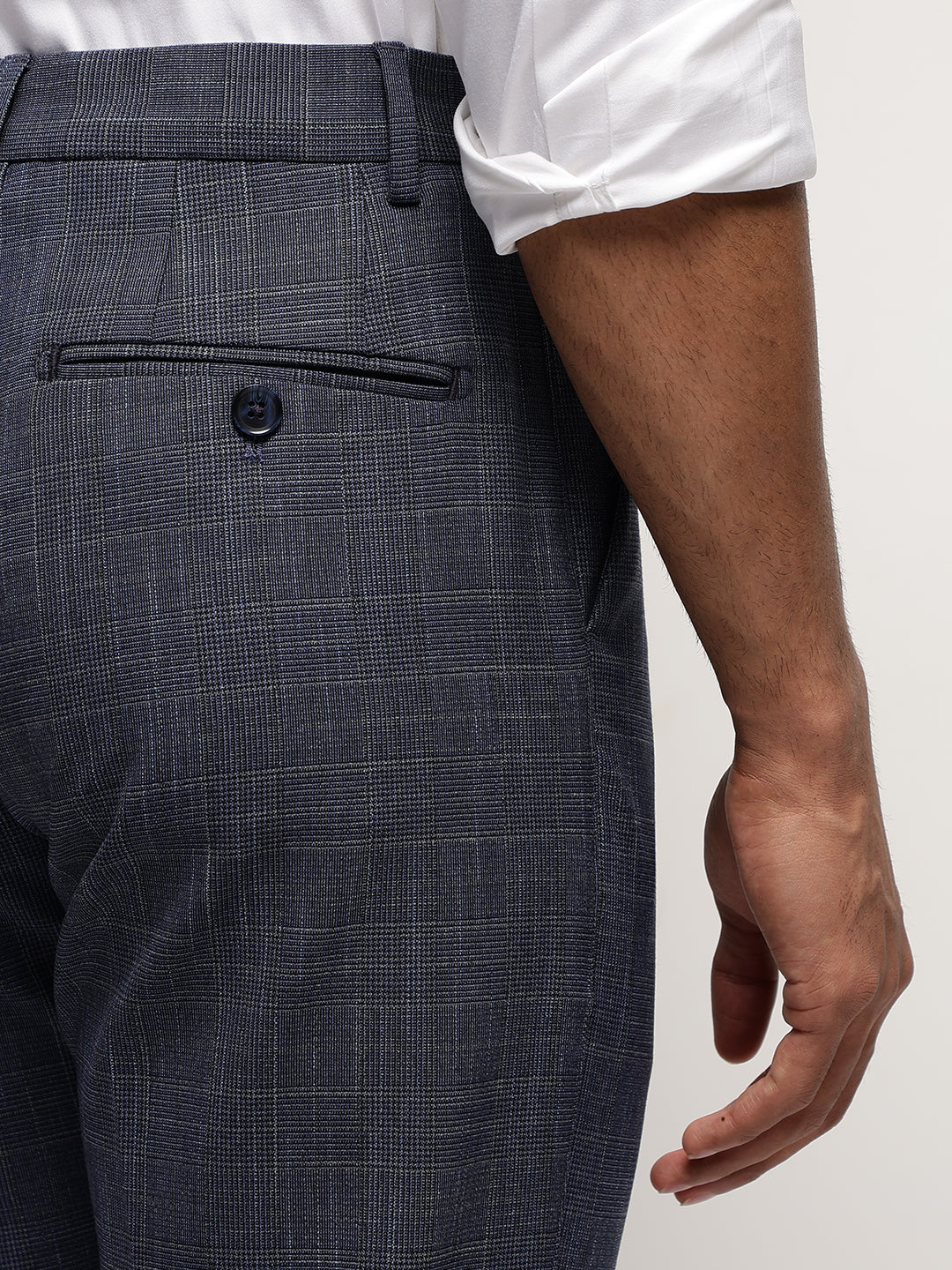 Flex Waist 4-Way Stretch Checked Formal Trousers in Steel Blue - Slim Fit