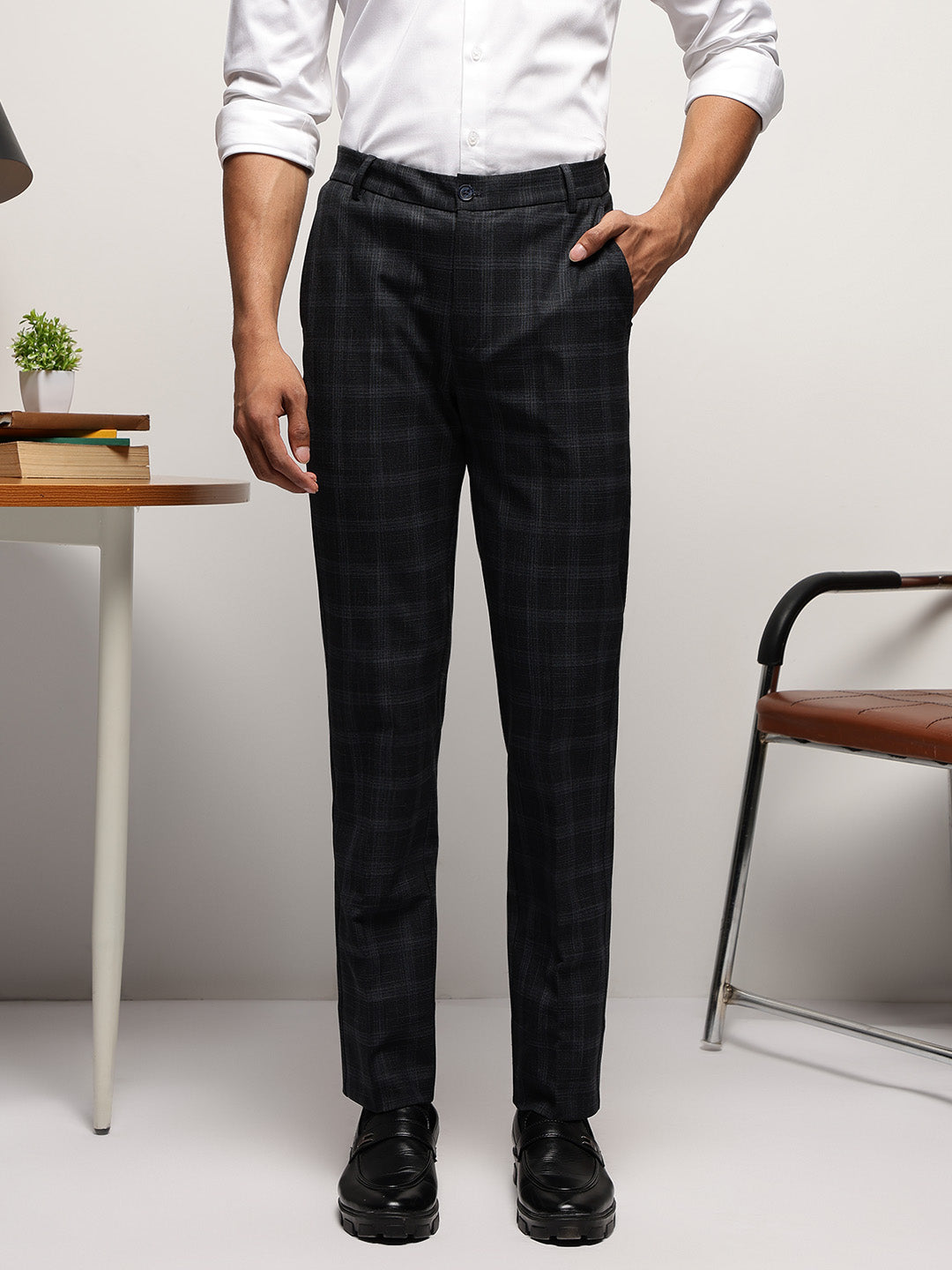 Flex Waist 4-Way Stretch Checked Formal Trousers in Charcoal - Slim Fit