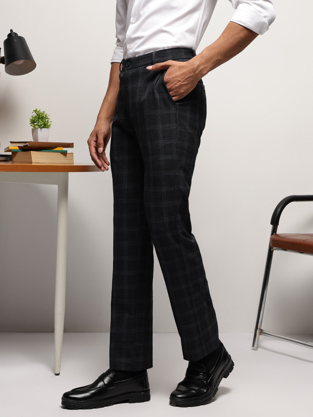 Flex Waist 4-Way Stretch Checked Formal Trousers in Charcoal - Slim Fit