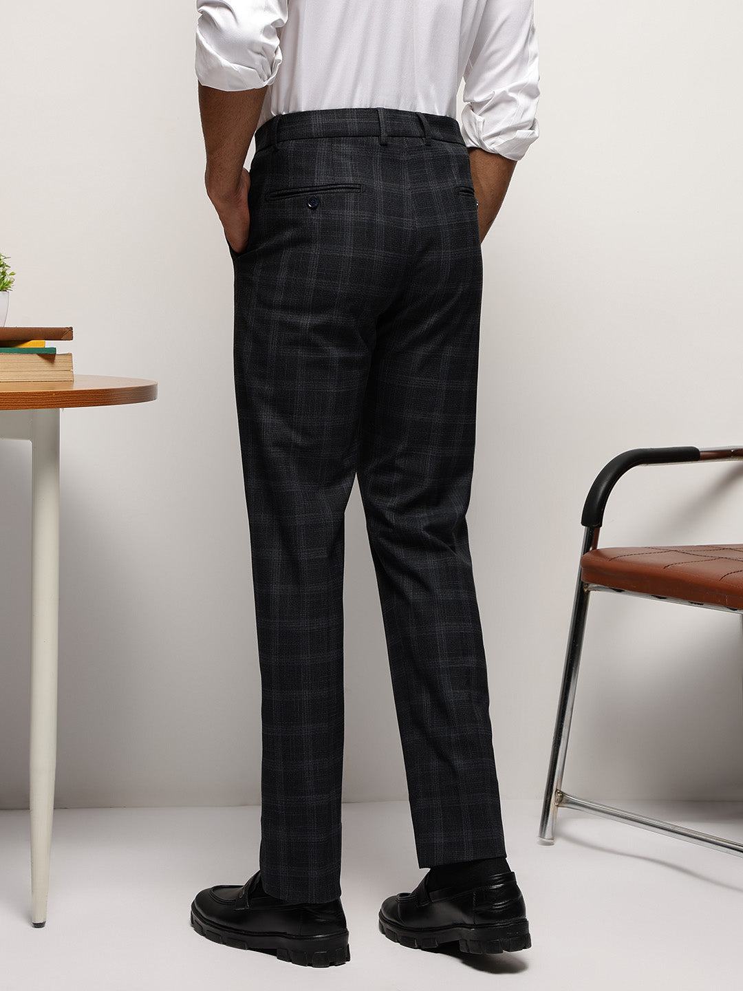Flex Waist 4-Way Stretch Checked Formal Trousers in Charcoal - Slim Fit