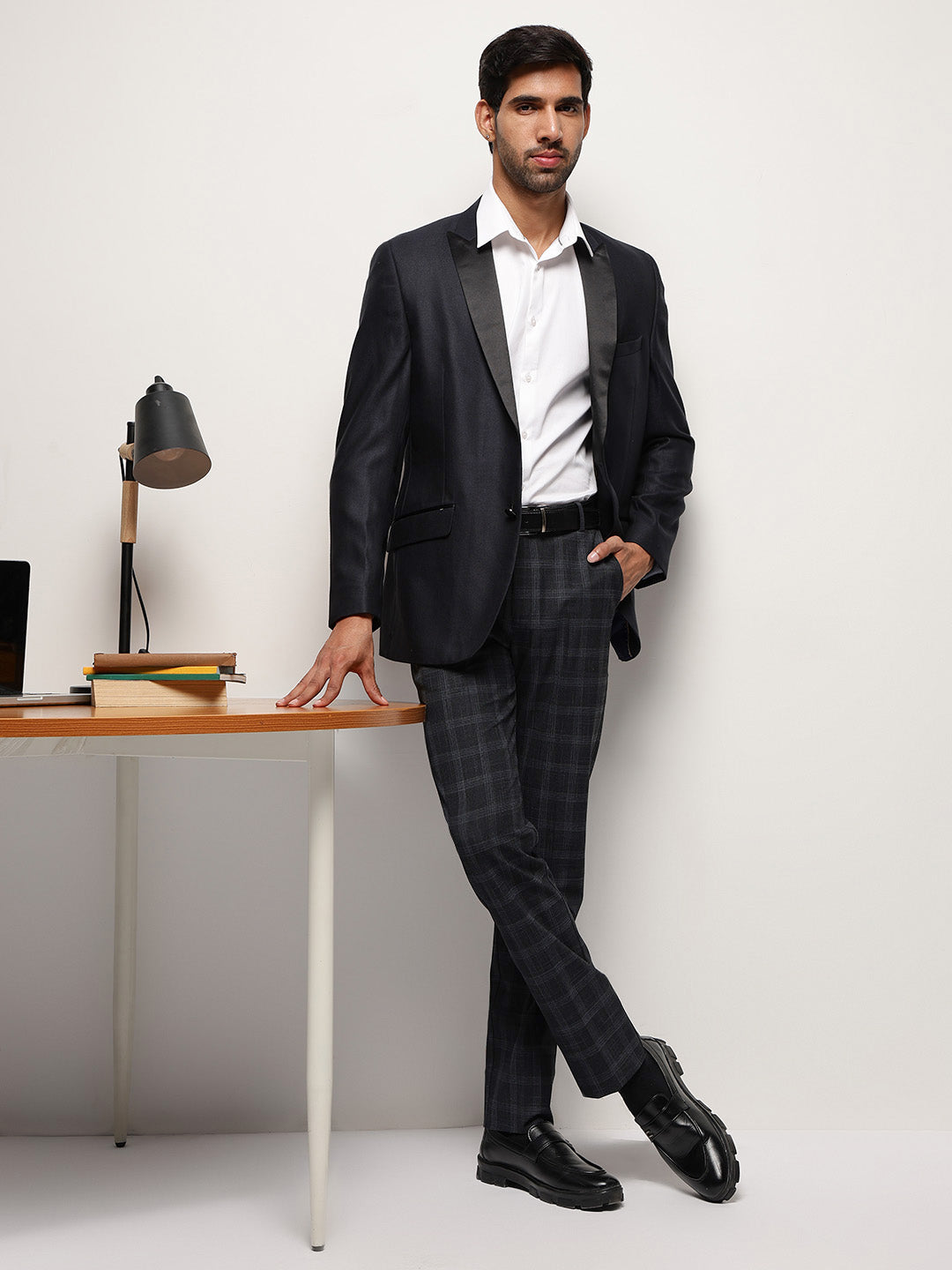 Flex Waist 4-Way Stretch Checked Formal Trousers in Charcoal - Slim Fit