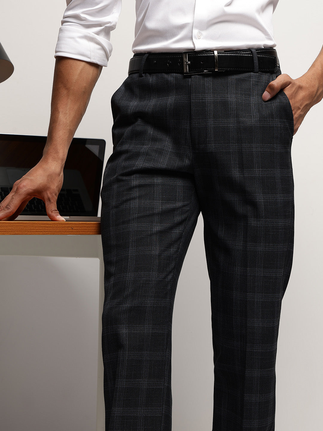 Flex Waist 4-Way Stretch Checked Formal Trousers in Charcoal - Slim Fit