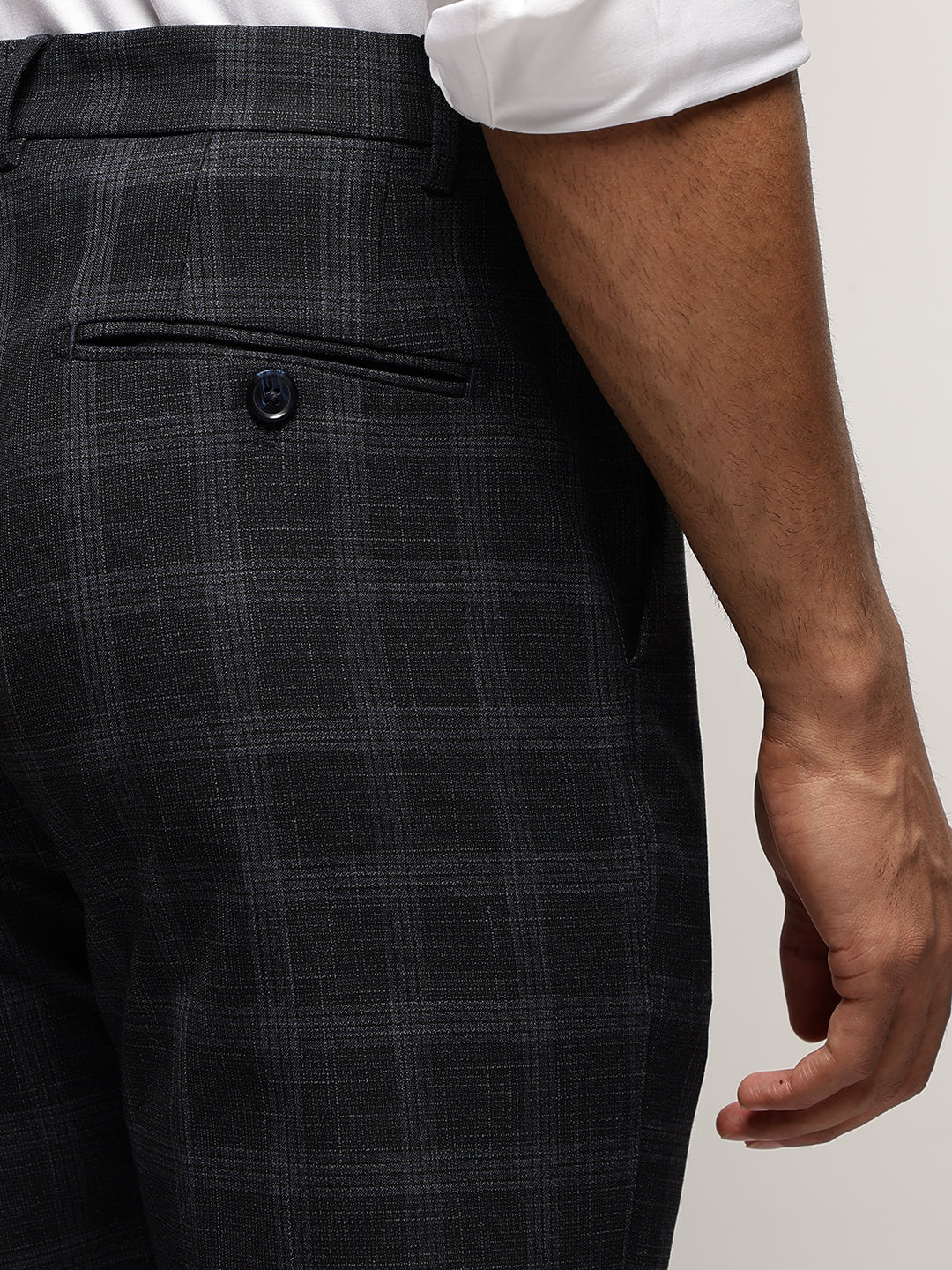 Flex Waist 4-Way Stretch Checked Formal Trousers in Charcoal - Slim Fit