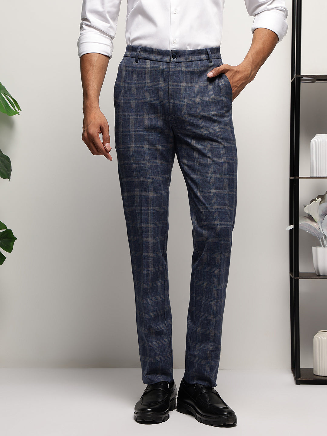 Flex Waist 4-Way Stretch Checked Formal Trousers in Indigo - Slim Fit
