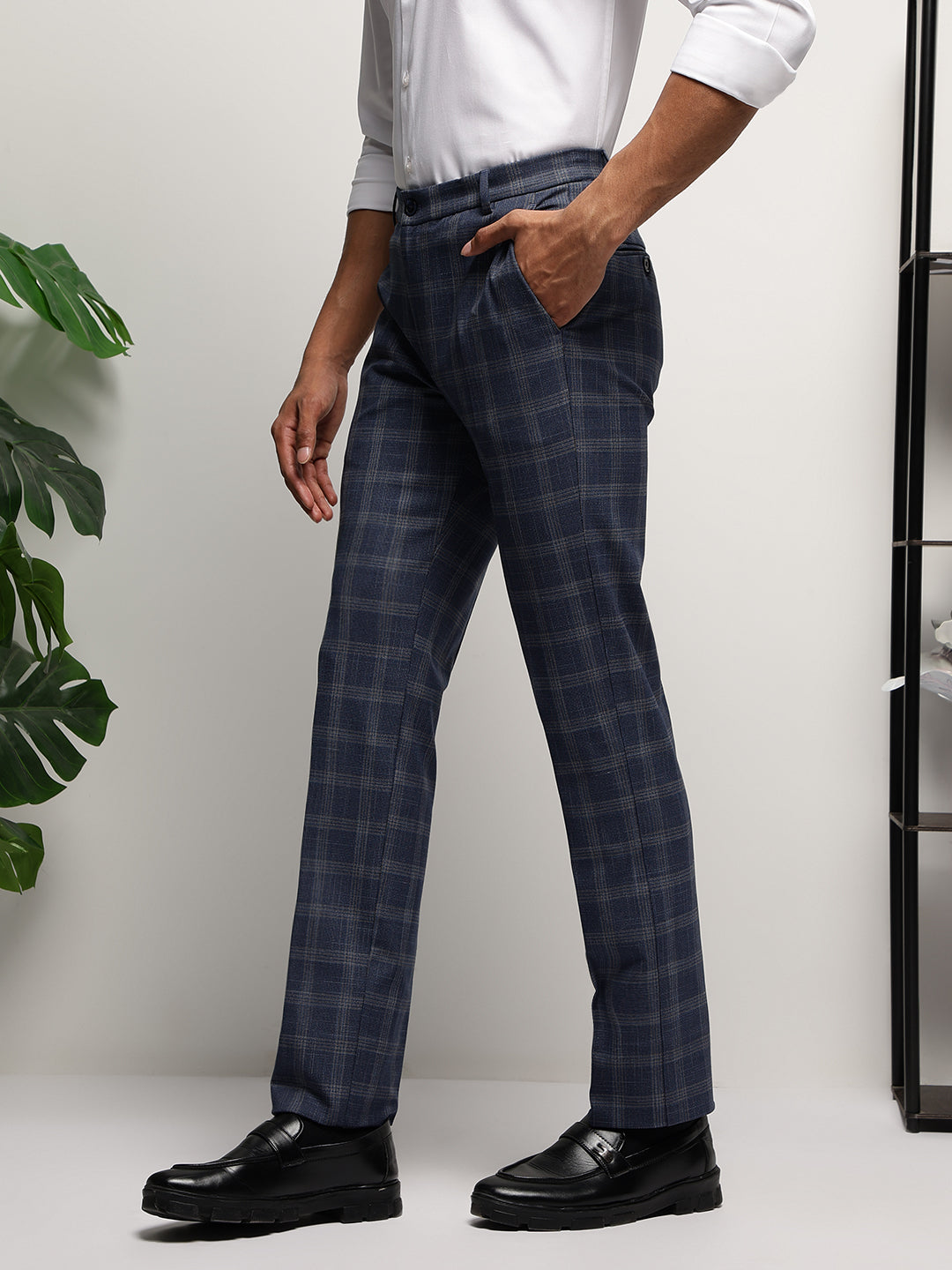 Flex Waist 4-Way Stretch Checked Formal Trousers in Indigo - Slim Fit