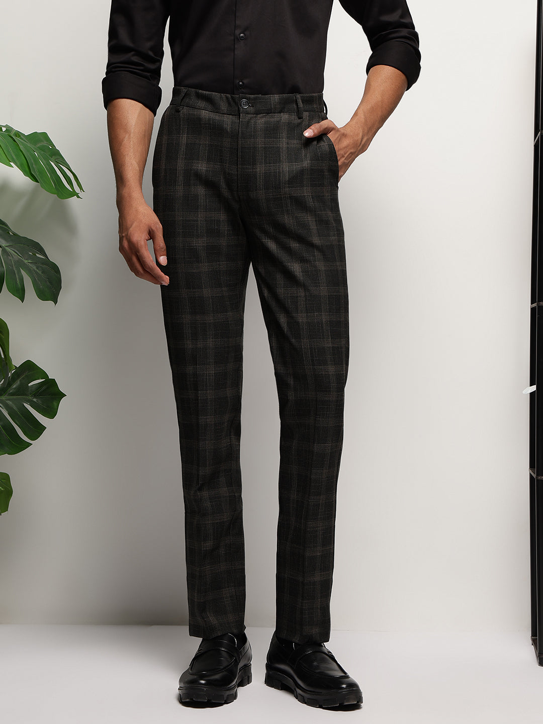 Flex Waist 4-Way Stretch Checked Formal Trousers in Midnight Pine- Slim Fit