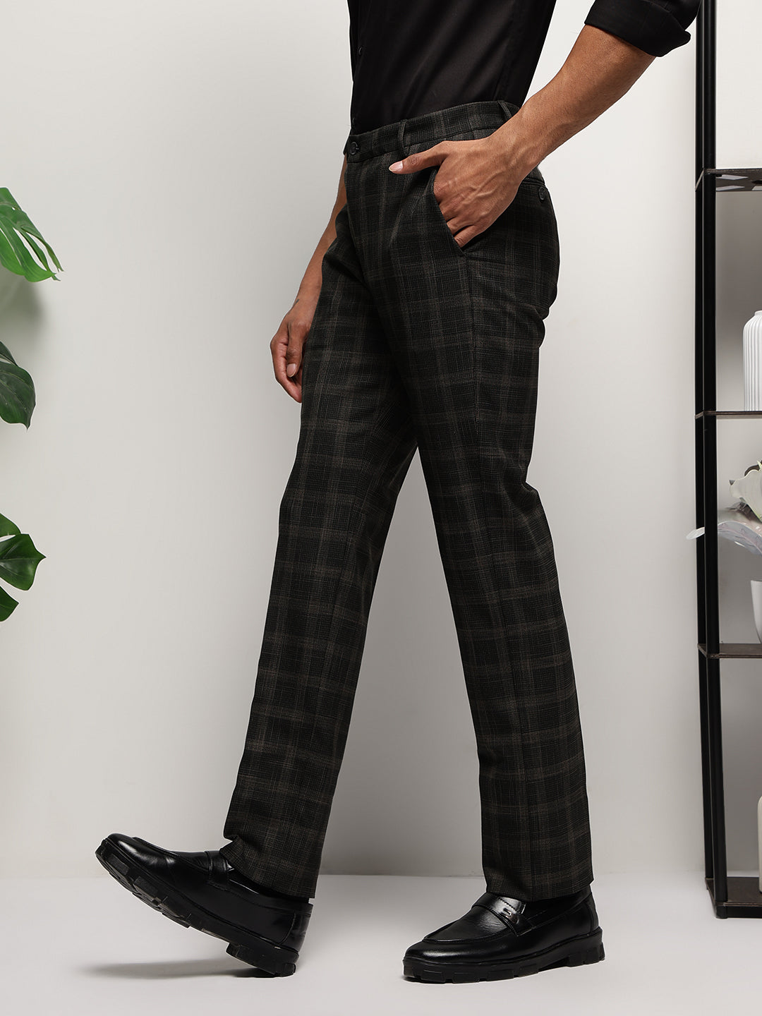Flex Waist 4-Way Stretch Checked Formal Trousers in Midnight Pine- Slim Fit