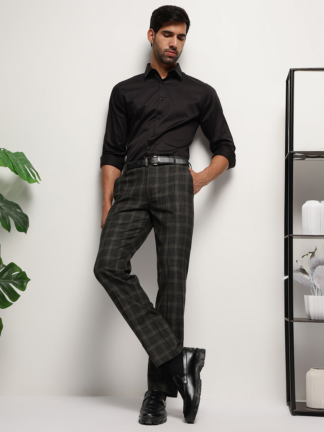 Flex Waist 4-Way Stretch Checked Formal Trousers in Midnight Pine- Slim Fit