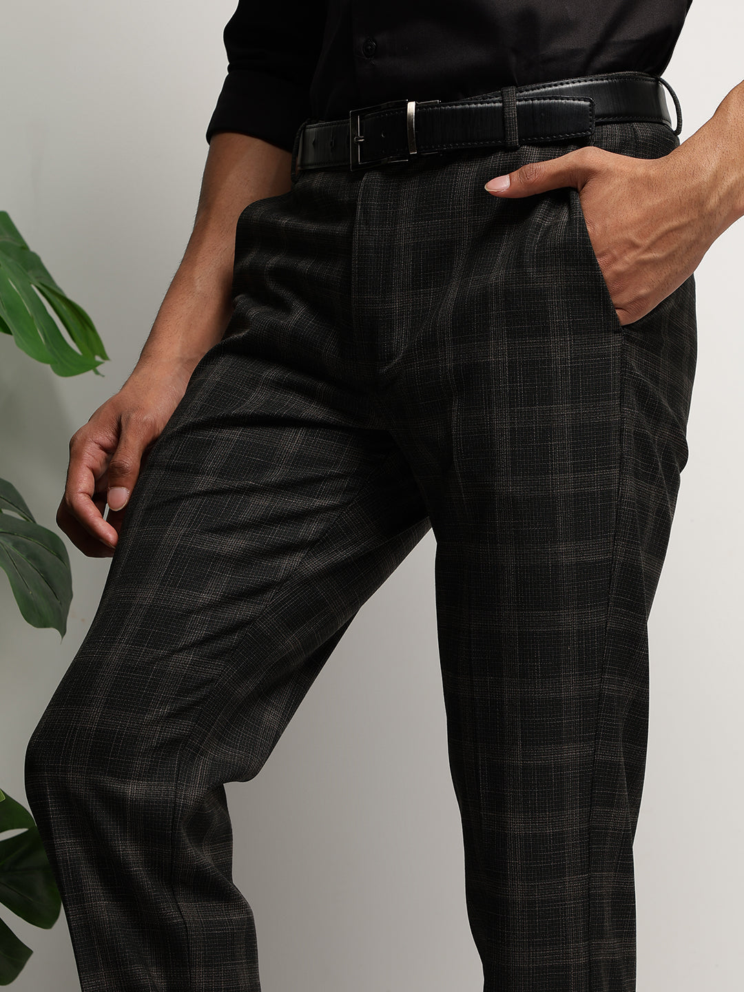 Flex Waist 4-Way Stretch Checked Formal Trousers in Midnight Pine- Slim Fit