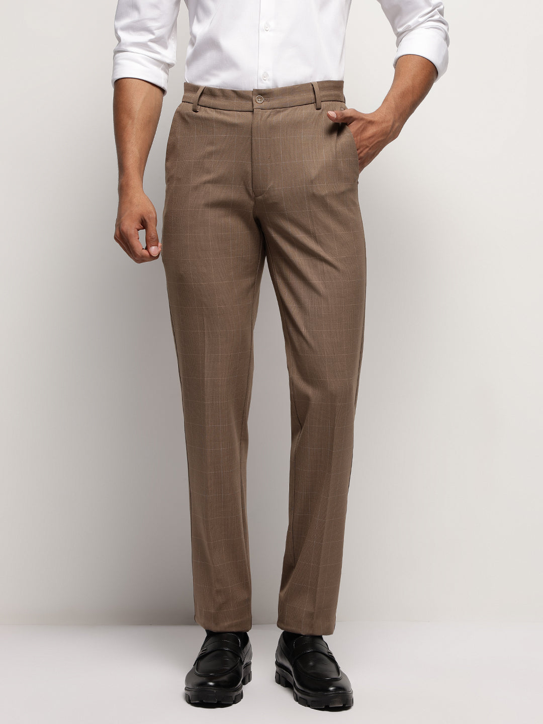 Flex Waist 4-Way Stretch Checked Formal Trousers in Brown - Slim Fit