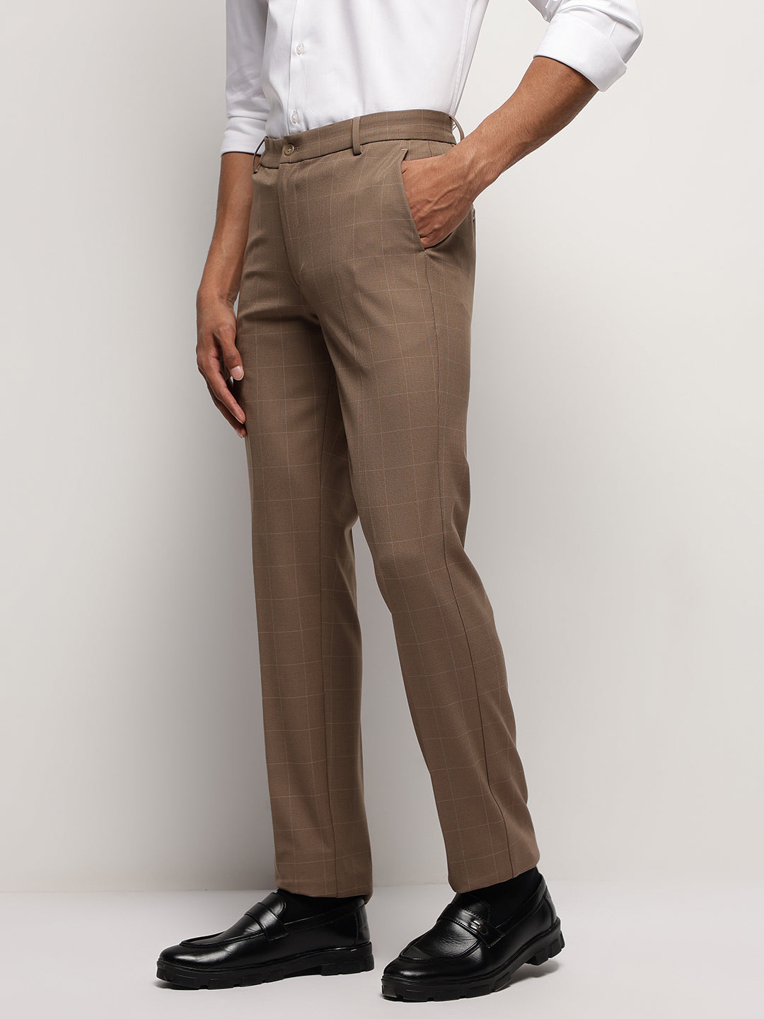 Flex Waist 4-Way Stretch Checked Formal Trousers in Brown - Slim Fit