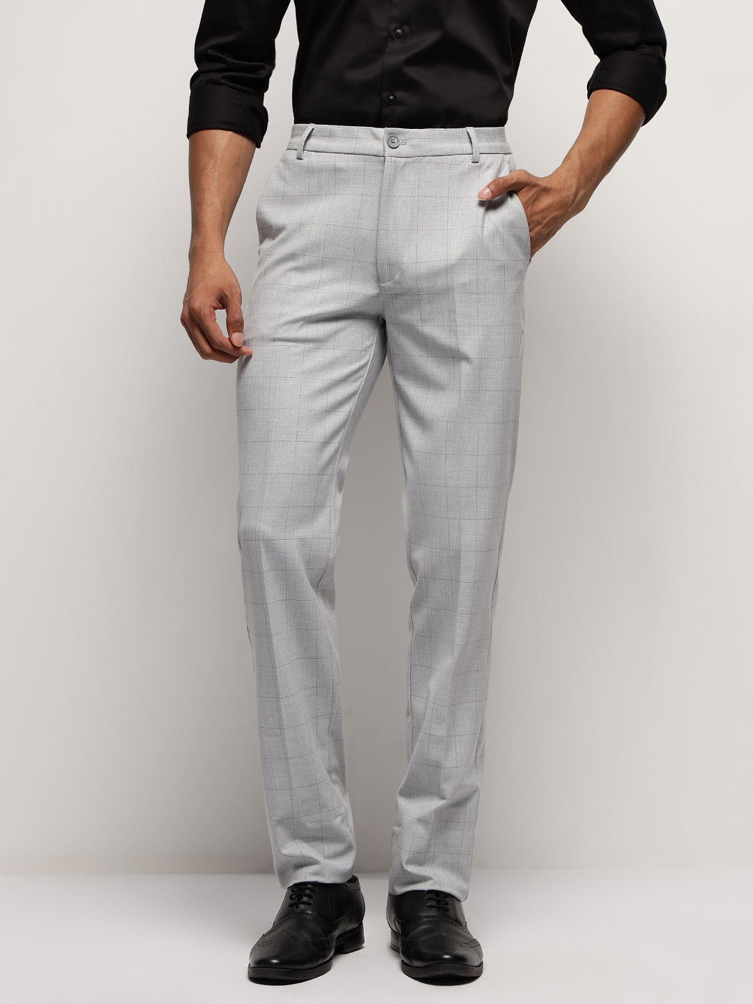 Flex Waist 4-Way Stretch Checked Formal Trousers in Silver Grey- Slim Fit