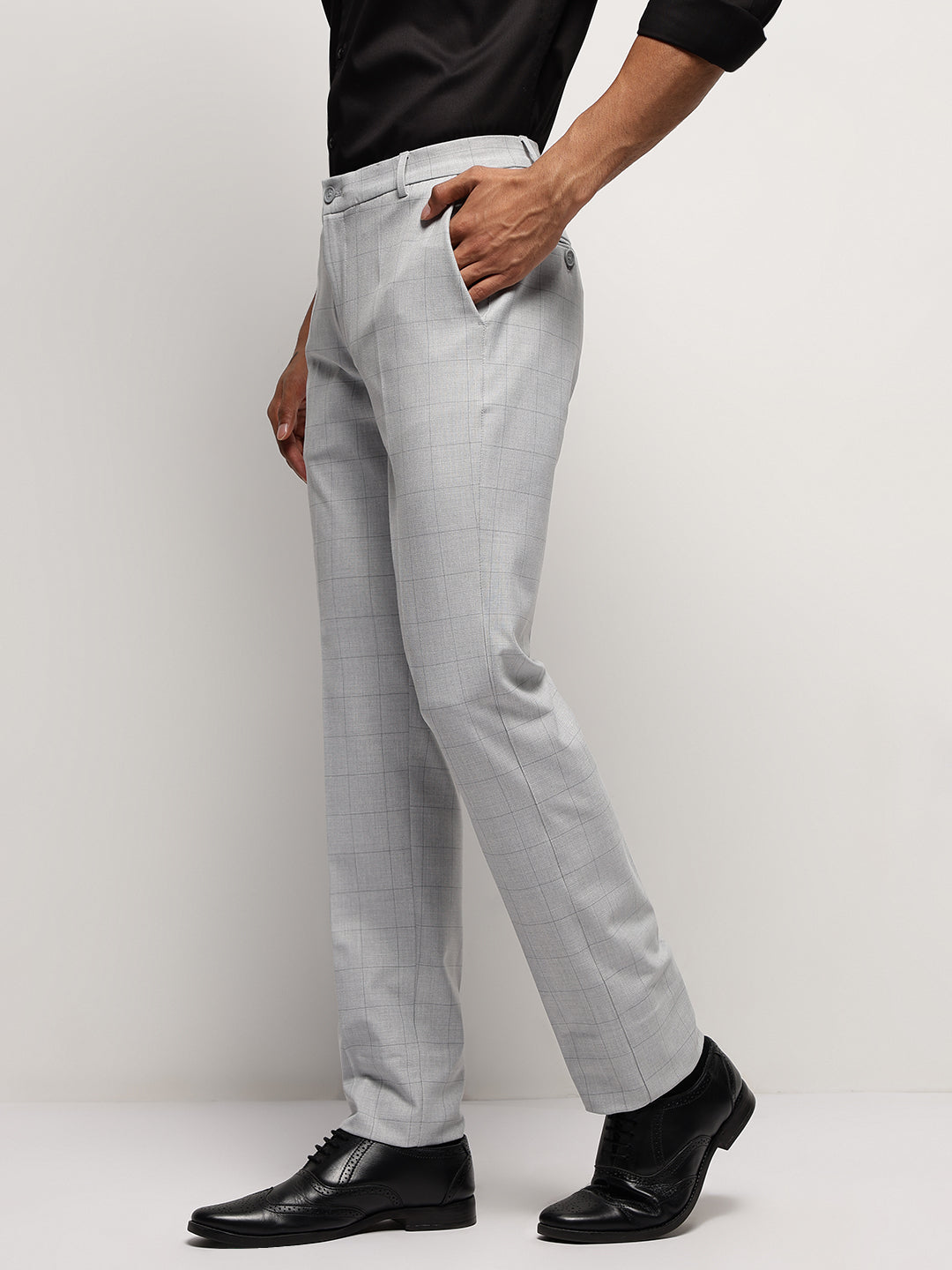 Flex Waist 4-Way Stretch Checked Formal Trousers in Silver Grey- Slim Fit