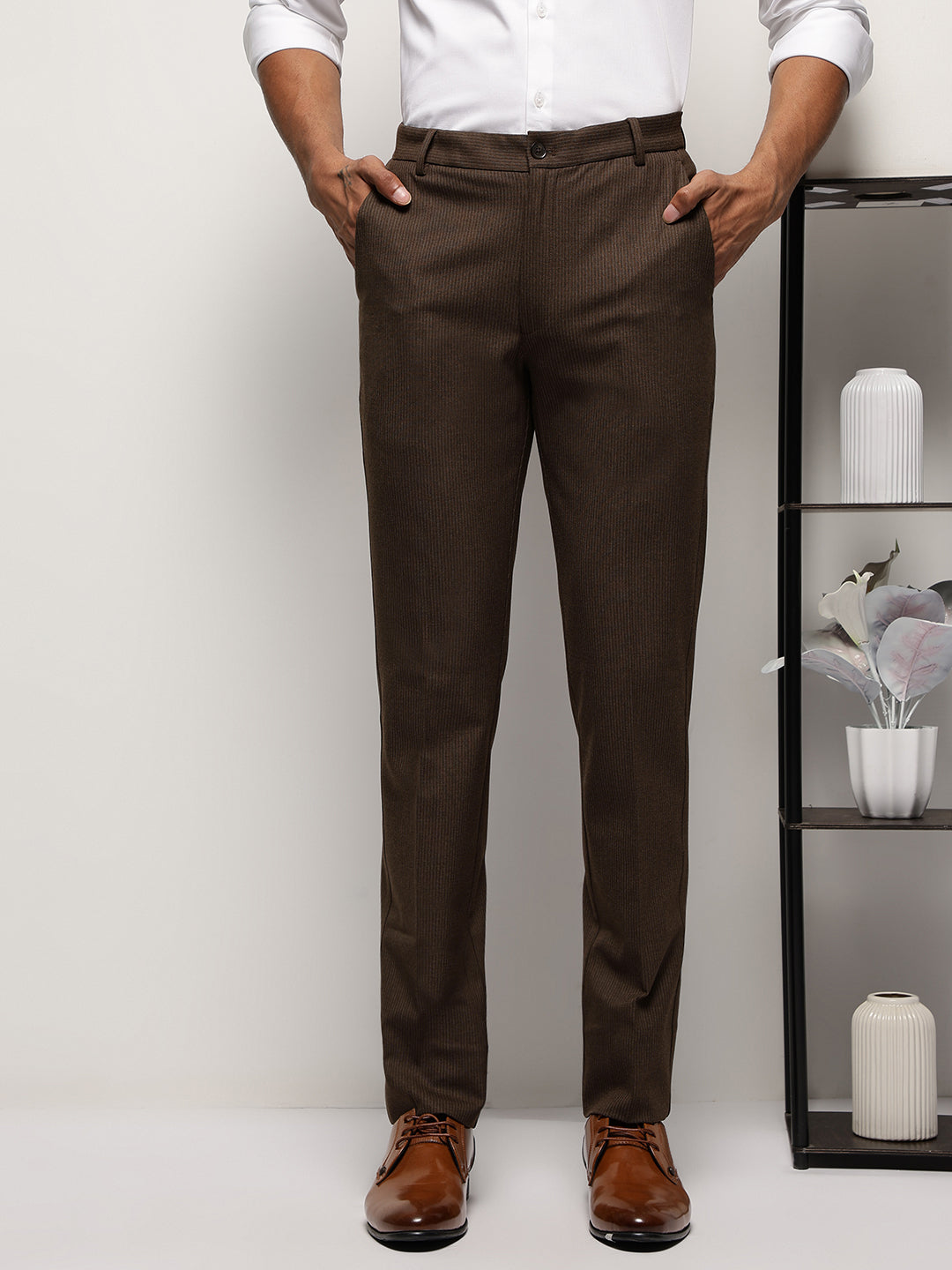Flex Waist 4-Way Stretch Striped Formal Trousers in Dark Brown- Slim Fit