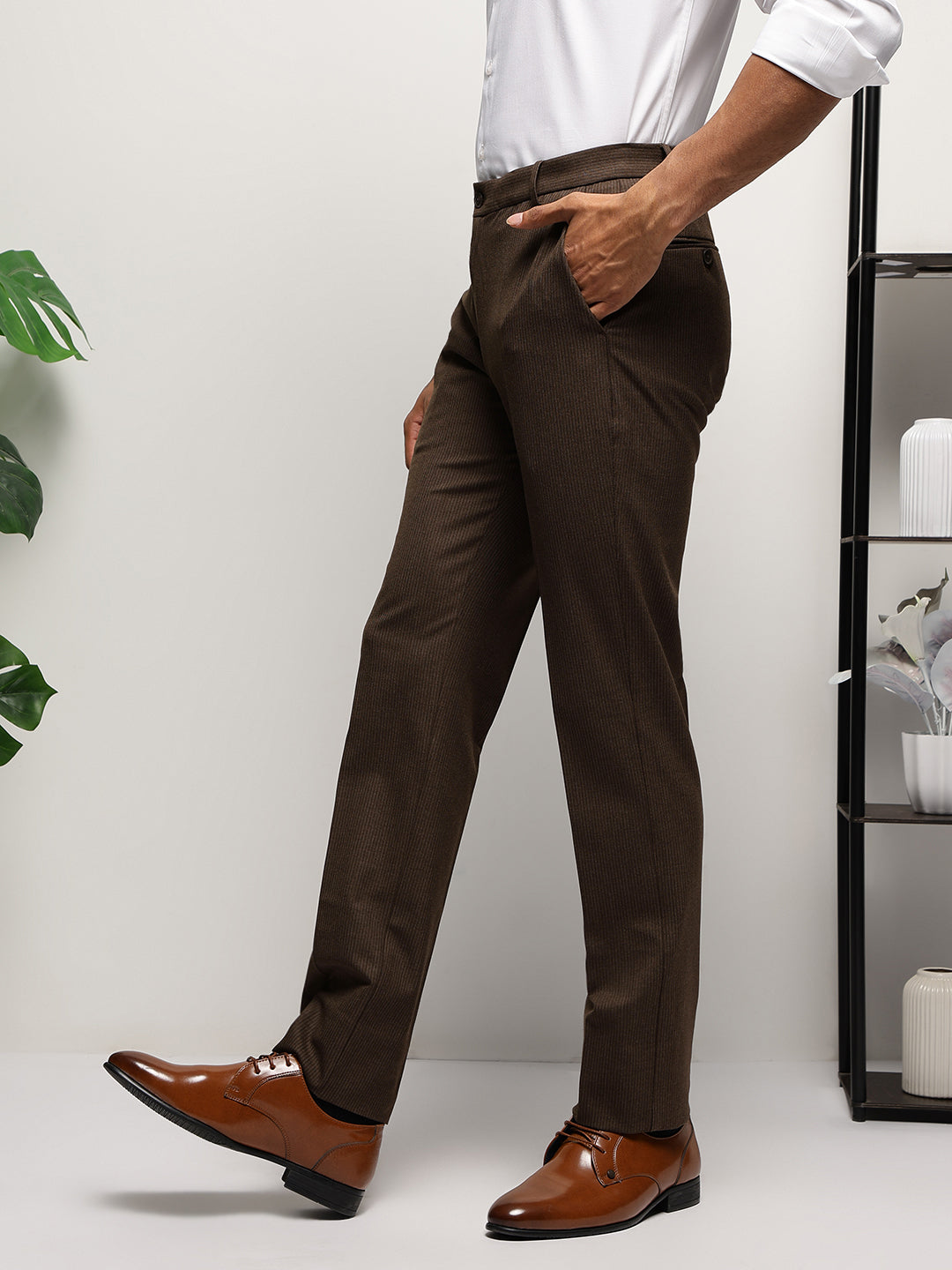Flex Waist 4-Way Stretch Striped Formal Trousers in Dark Brown- Slim Fit