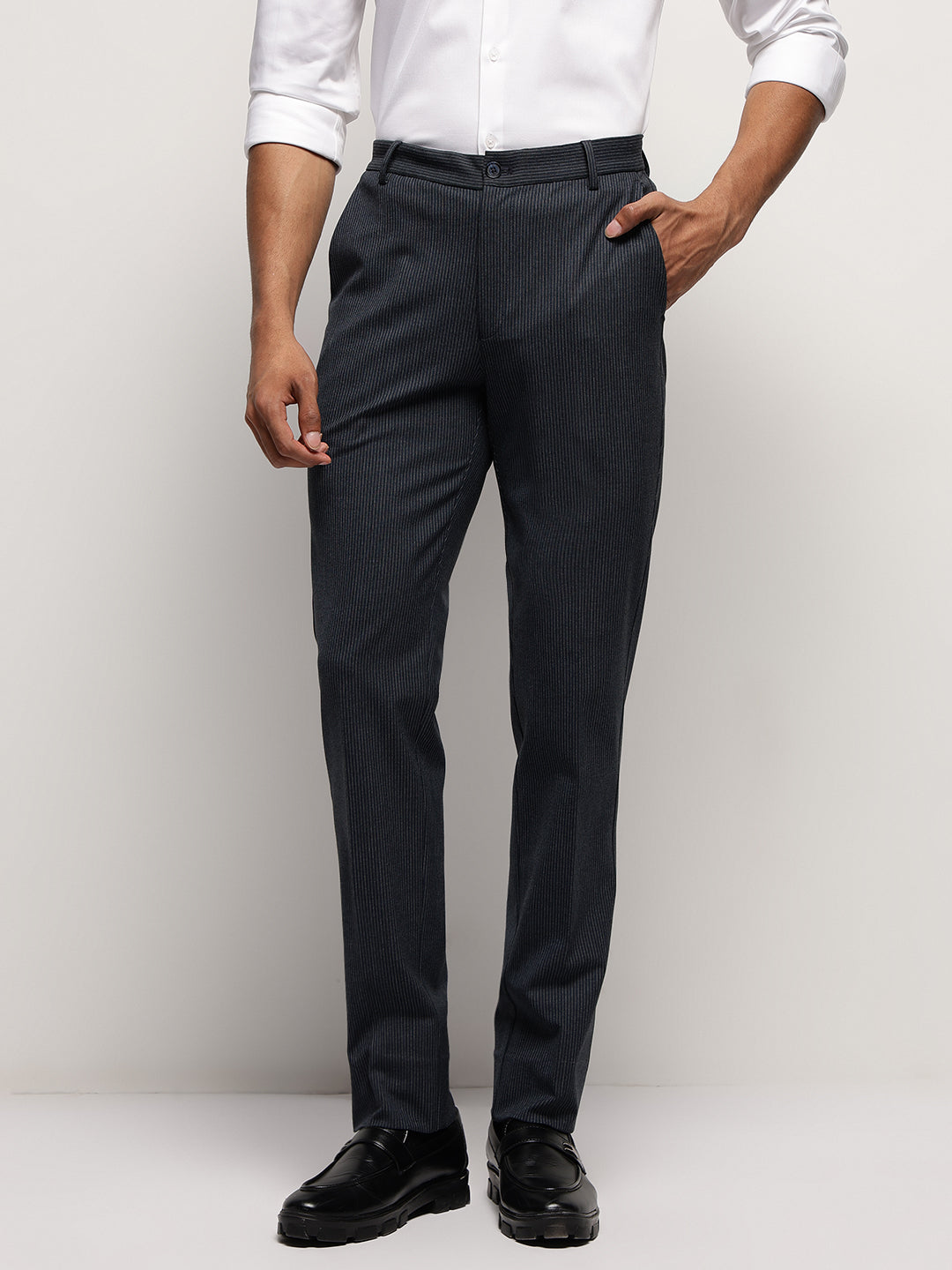 Flex Waist 4-Way Stretch Striped Formal Trousers in Denim Blue- Slim Fit
