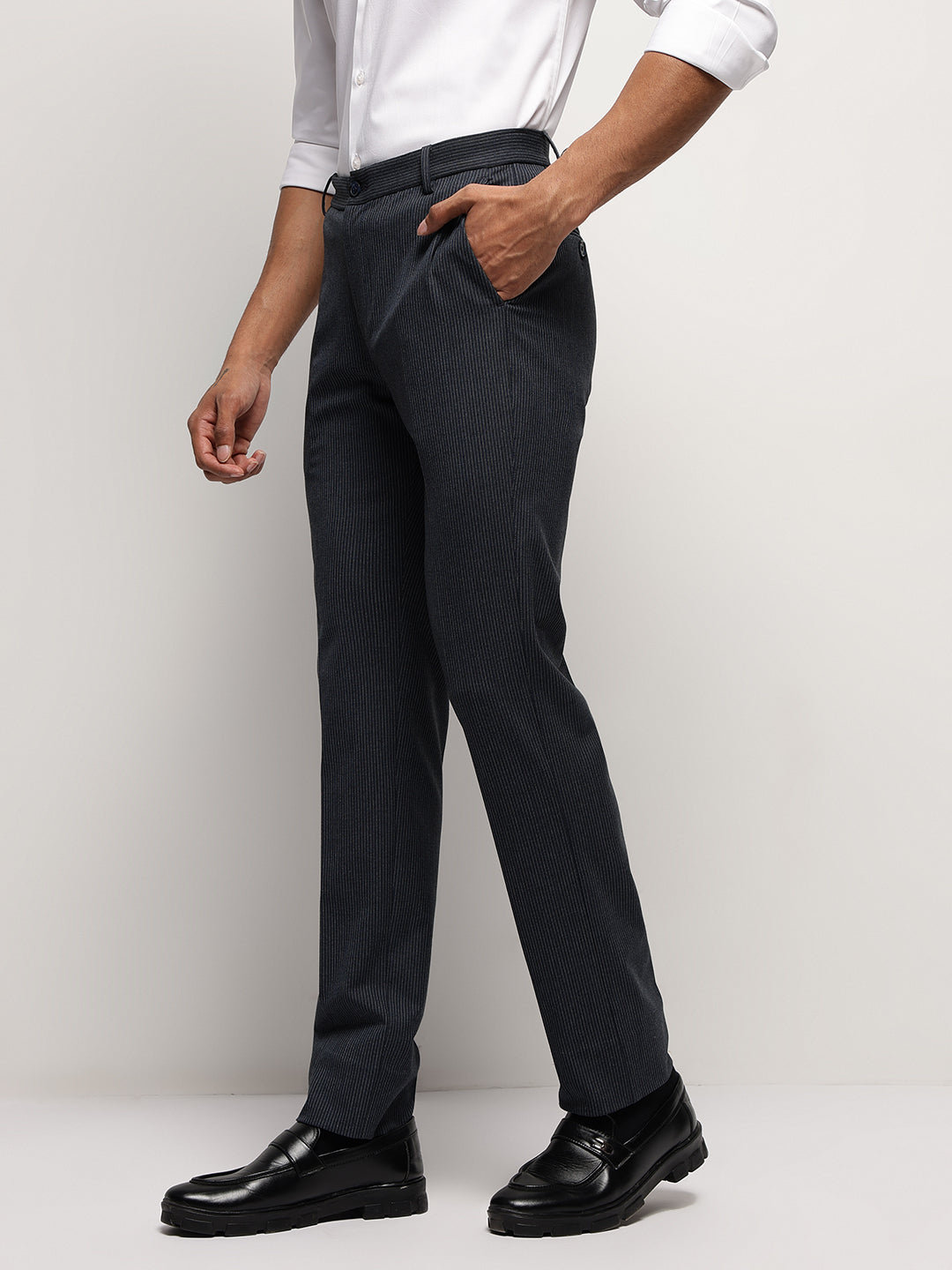 Flex Waist 4-Way Stretch Striped Formal Trousers in Denim Blue- Slim Fit