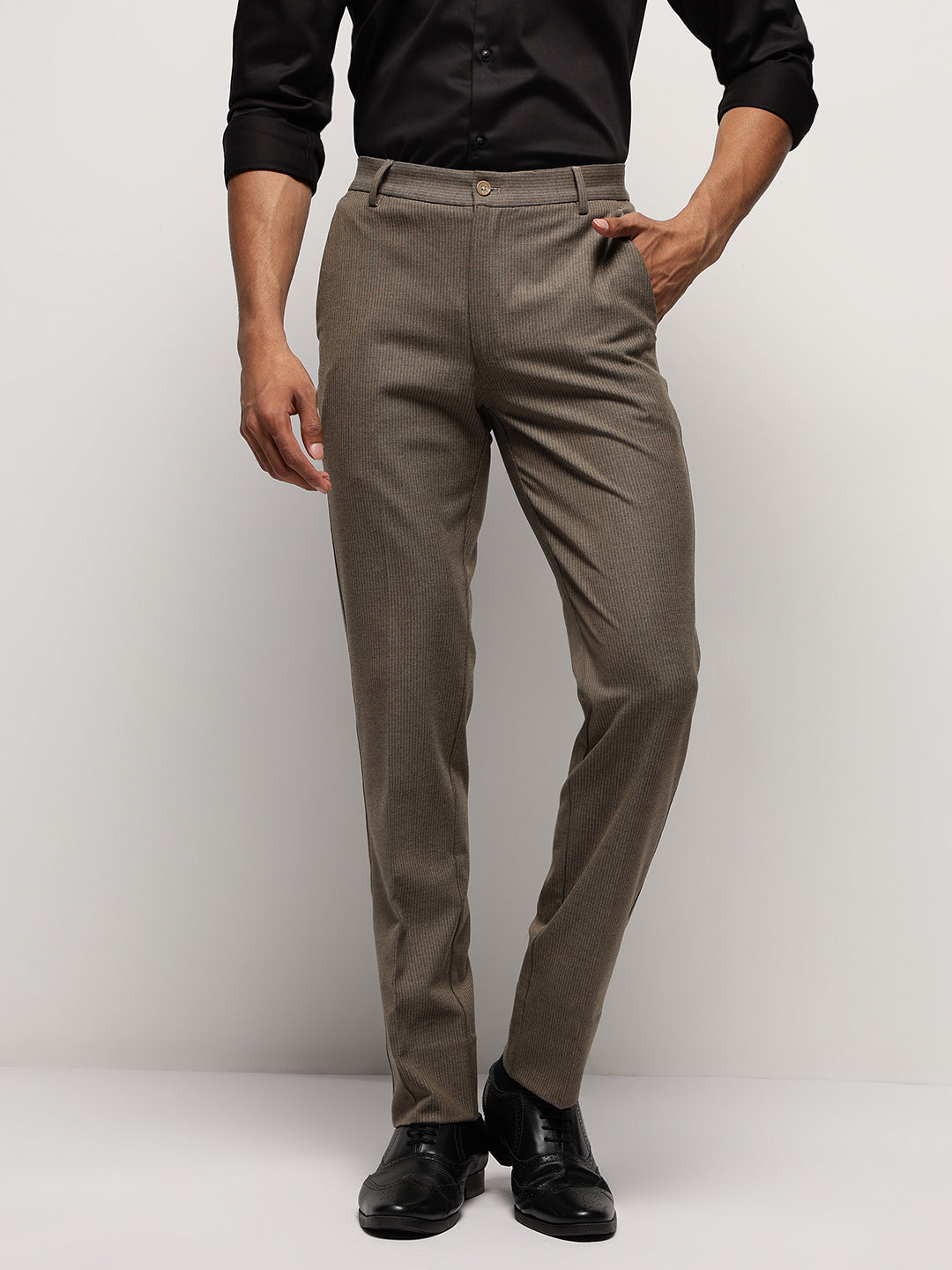 Flex Waist 4-Way Stretch Striped Formal Trousers in Hardwood- Slim Fit