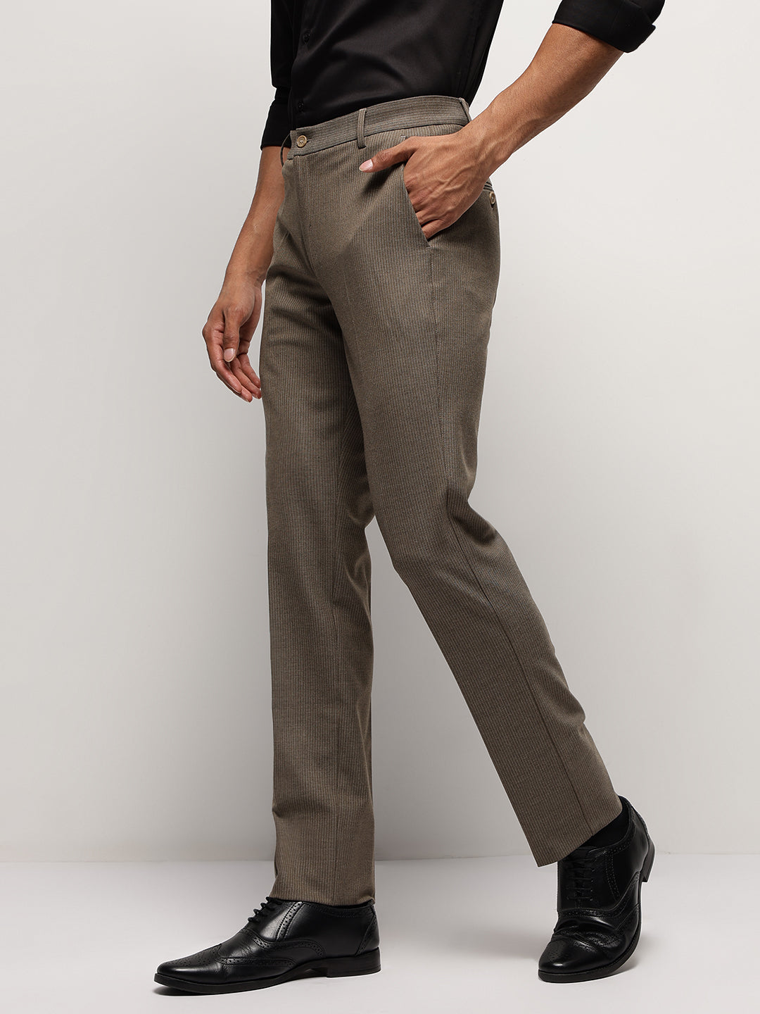 Flex Waist 4-Way Stretch Striped Formal Trousers in Hardwood- Slim Fit