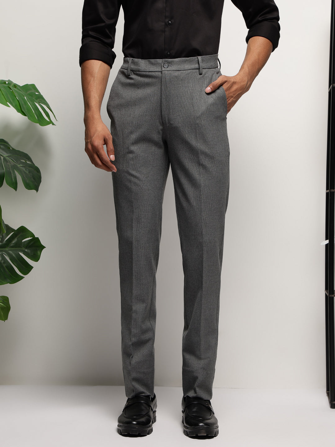 Flex Waist 4-Way Stretch Striped Formal Trousers in Slate Grey- Slim Fit